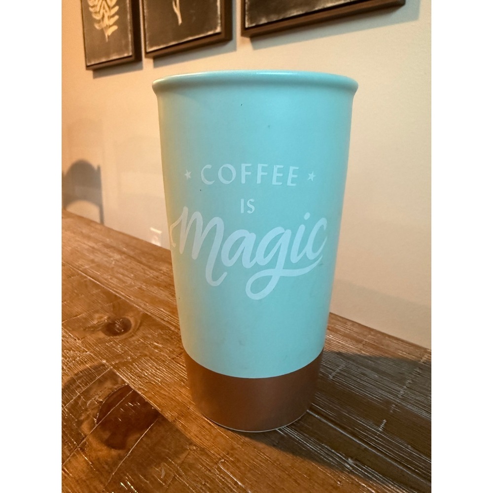 Starbucks Coffee is Magic Ceramic Travel Tumbler 12oz Teal Blue Mug Lid Pastel